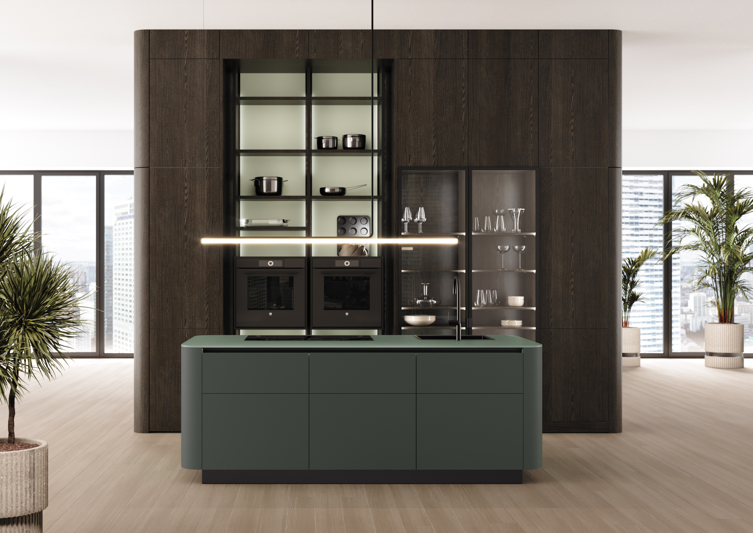 Curved island with sculpted seating